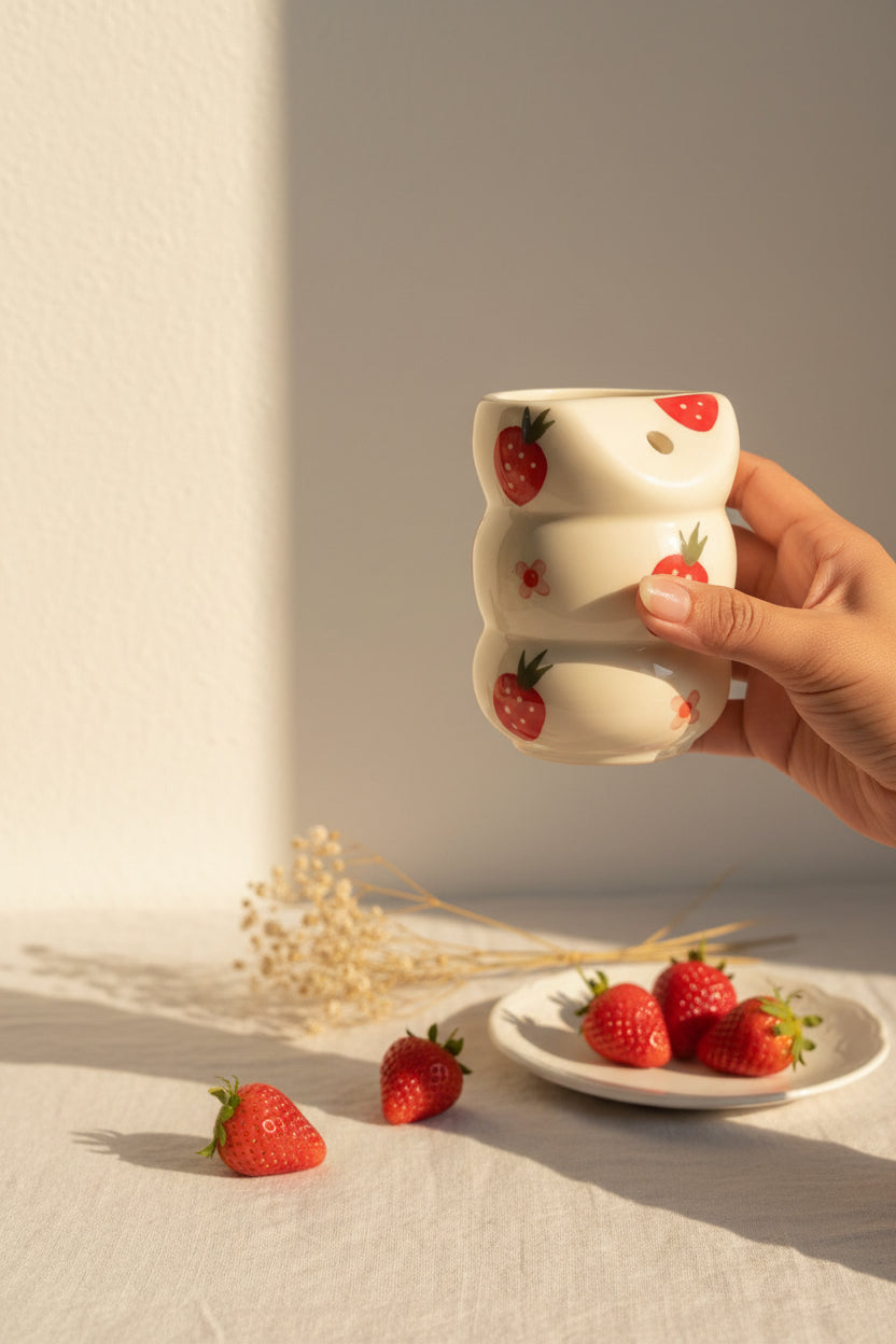 Strawberry Swirl Hand-Painted Ceramic Sipper with Glass Straw | 300 mL