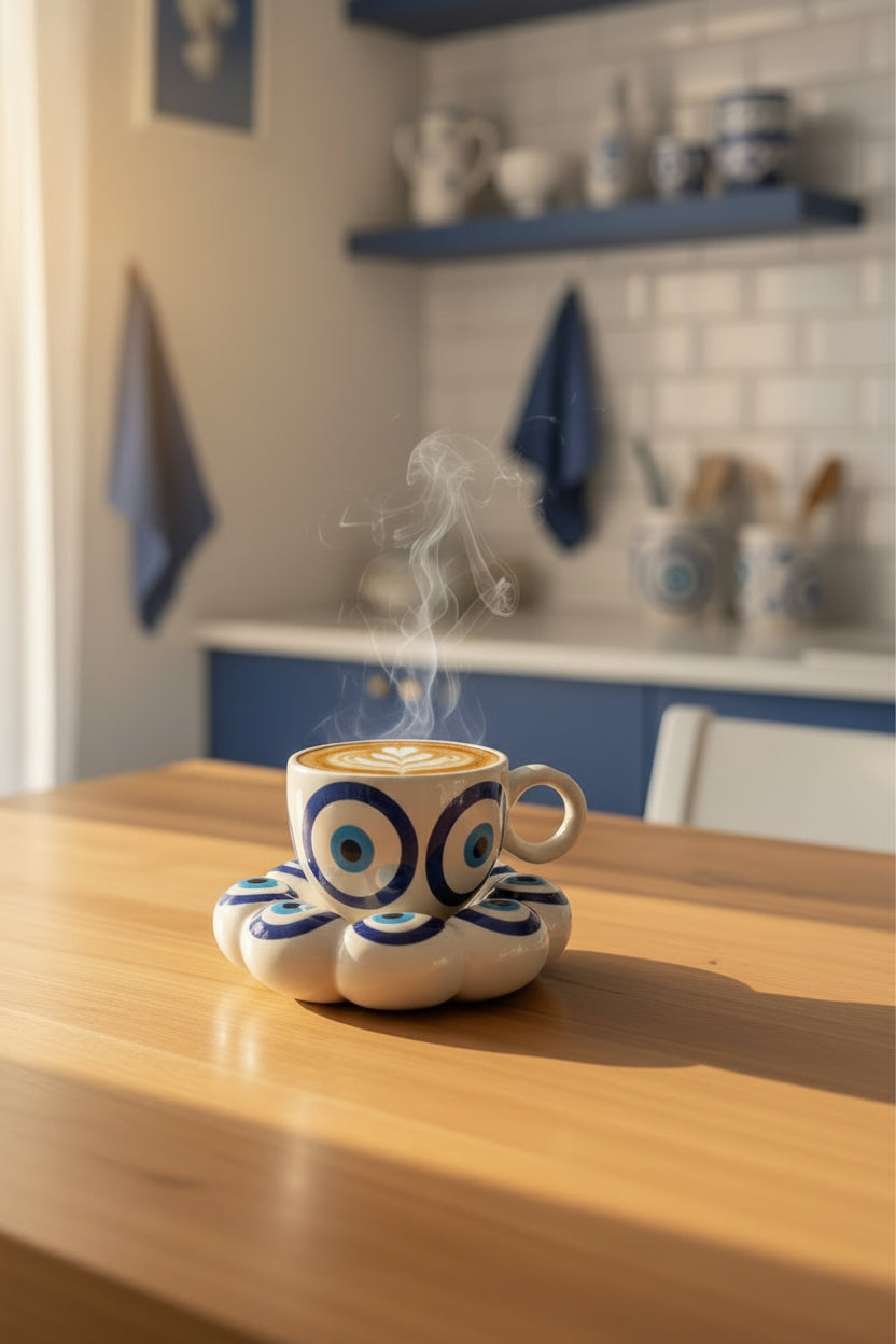 Evil Eye Ceramic Cup & Saucer Set – Handcrafted Protection Collection