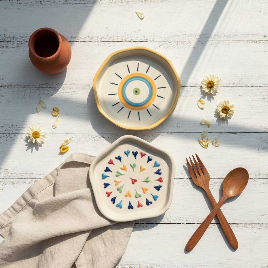 Heart & Boho Nazar Ceramic Cookie Plates 🤍💙💛

(set of 1)