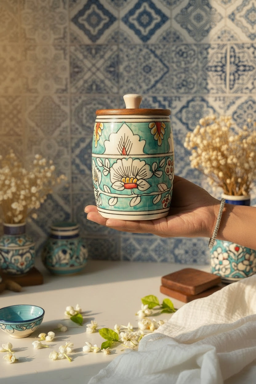 Premium Floral Ceramic Airtight Storage Jar – 900 mL | Wooden Airtight Lid | Handcrafted Kitchen Storage