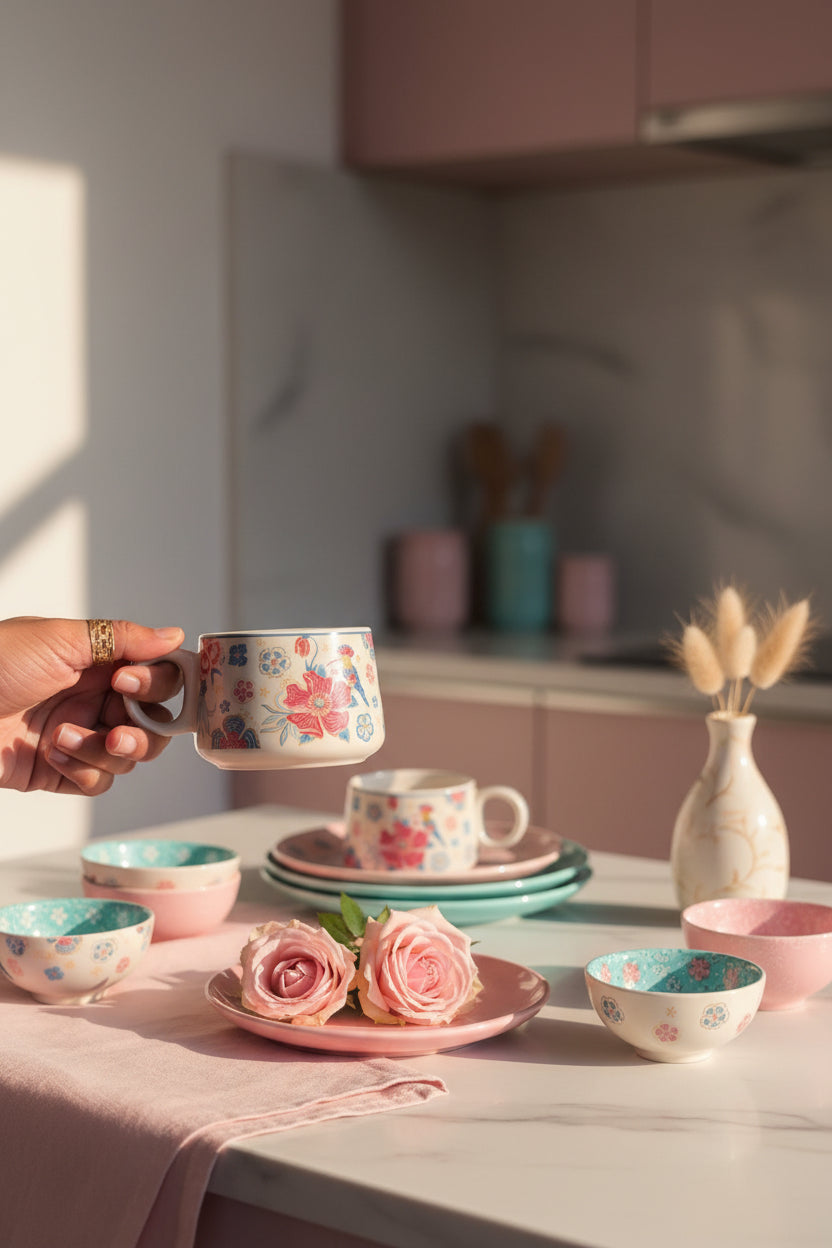 🌸 Multicolour & Floral Tea Cups – Set of 6
