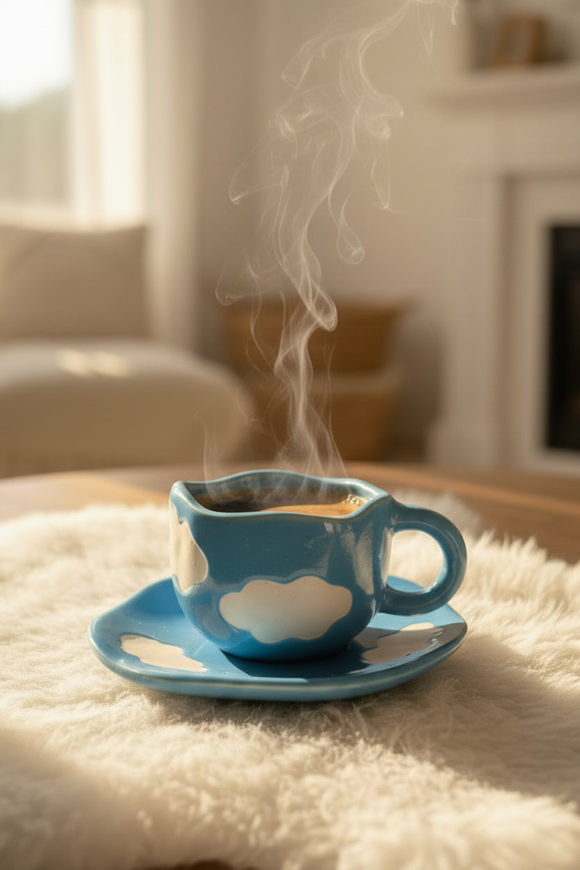 Cloud Dreams Ceramic Cup & Saucer Set – Handcrafted Sky Collection