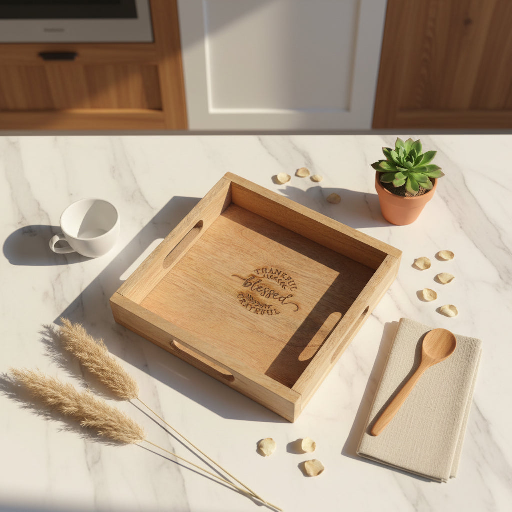 Thankful • Blessed • Grateful Wooden Tray (Set of 1)