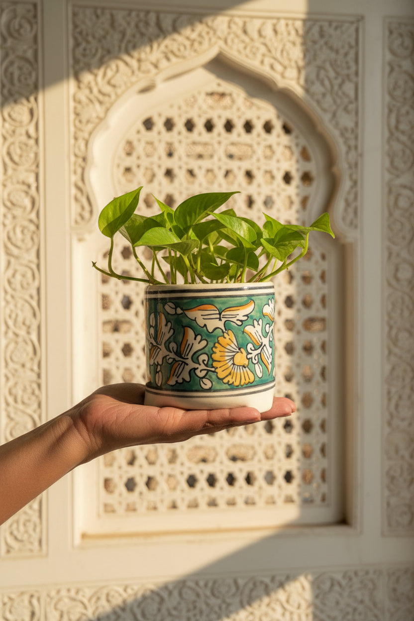 Mughal Hand-Painted Ceramic Planter | Handmade Floral Indoor Pot | 4 x 5 Inch | My Crockery Shop