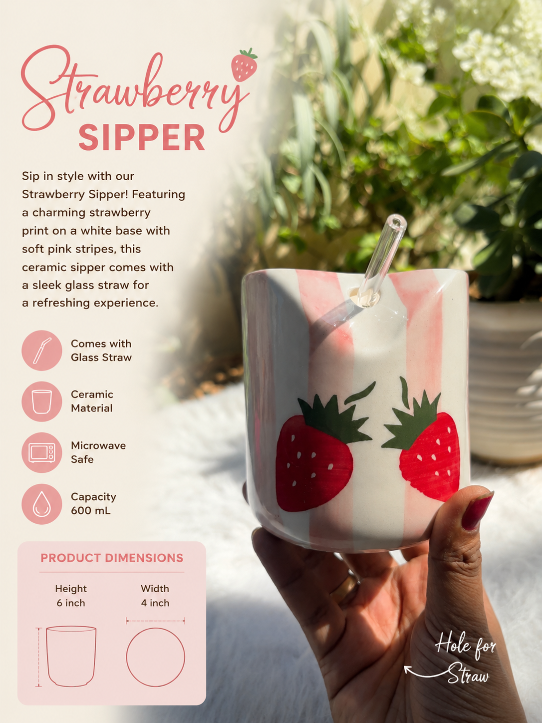 Strawberry Bliss Ceramic sipper with straw