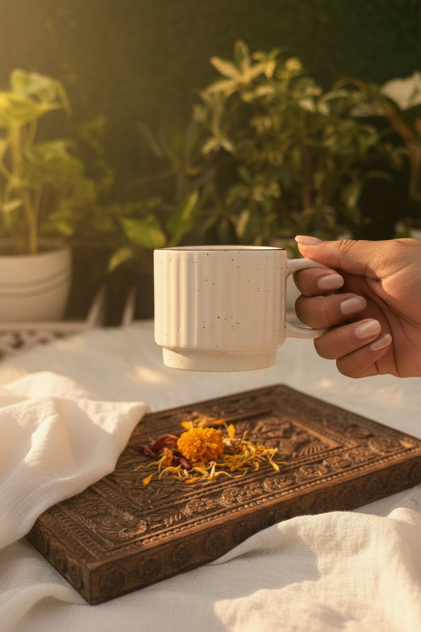 Rustic Stripe Ceramic Mug – 300 and 180  mL | White & Brown | My Crockery Shop ( set of two )