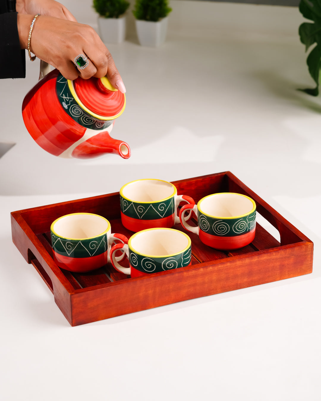 My Crockery Shop Hand-Painted Ceramic Tea Set – 4 Cups, Kettle & Wooden Tray