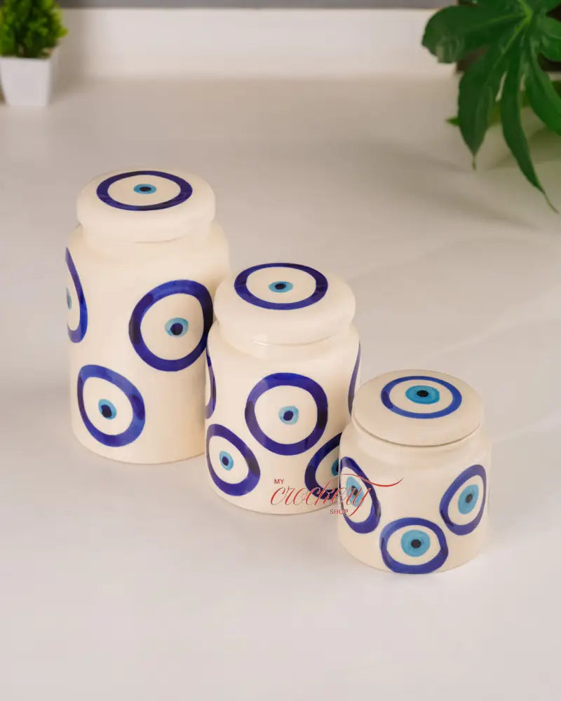 My Crockery Shop Ceramic Airtight Storage Jars – Set of 3 - Evil eye jar set - Kitchen Storage