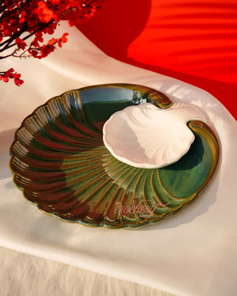 Olive green and white ceramic chip and dip platter – a unique crockery piece for stylish serving.