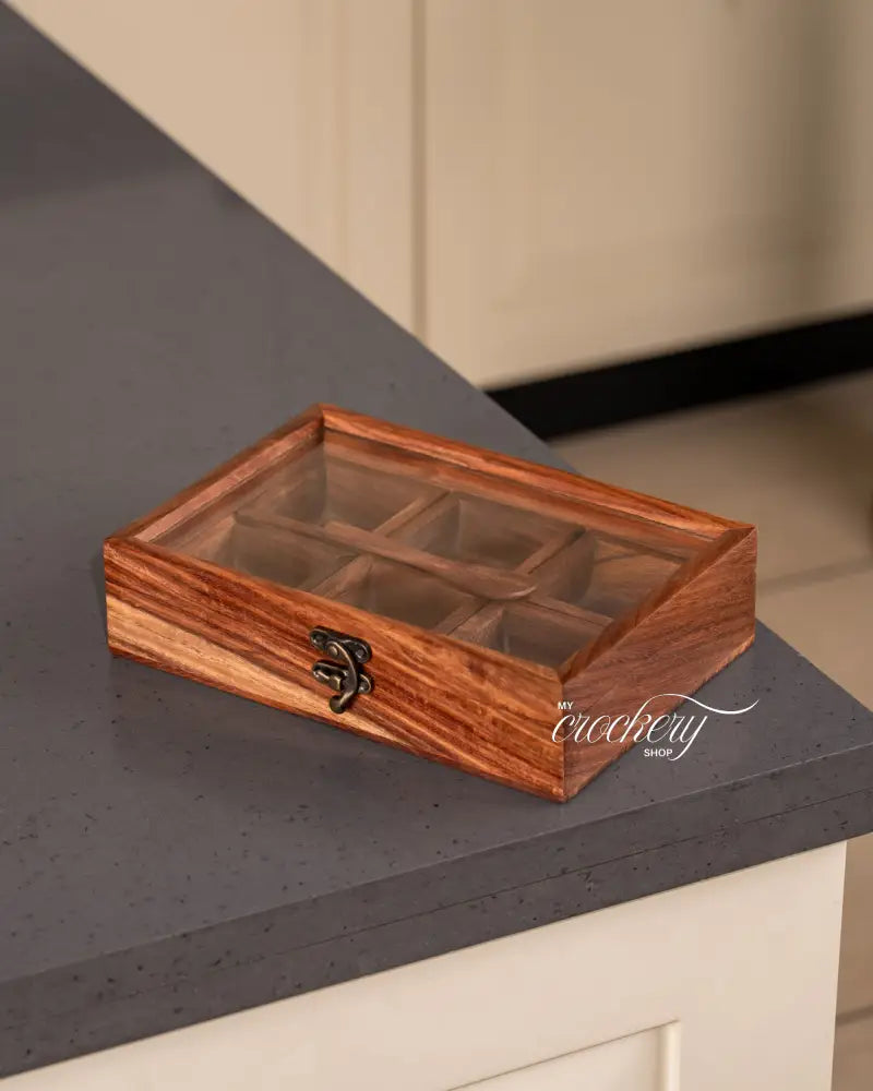My Crockery Shop Handcrafted Wood Spice Box – 6-Compartment Masala Organizer with Glass Lid - Kitchen Storage