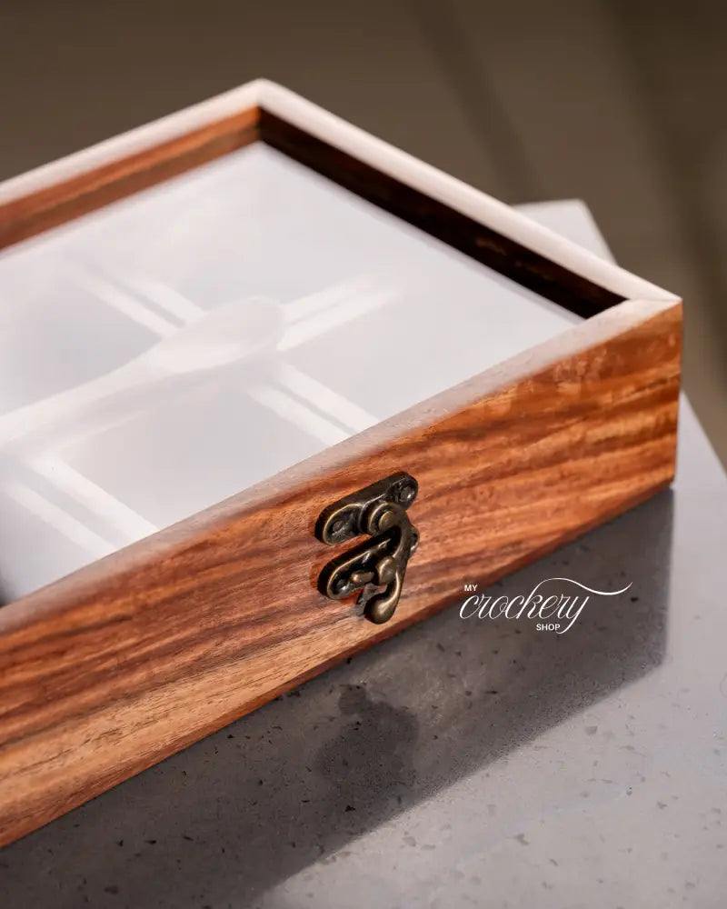 My Crockery Shop Handcrafted Wood Spice Box – 6-Compartment Masala Organizer with Glass Lid - Kitchen Storage