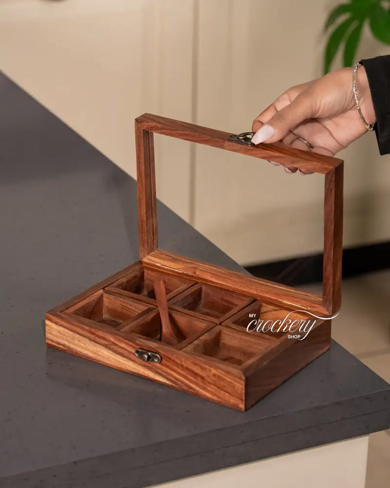 My Crockery Shop Handcrafted Wood Spice Box – 6-Compartment Masala Organizer with Glass Lid - Kitchen Storage