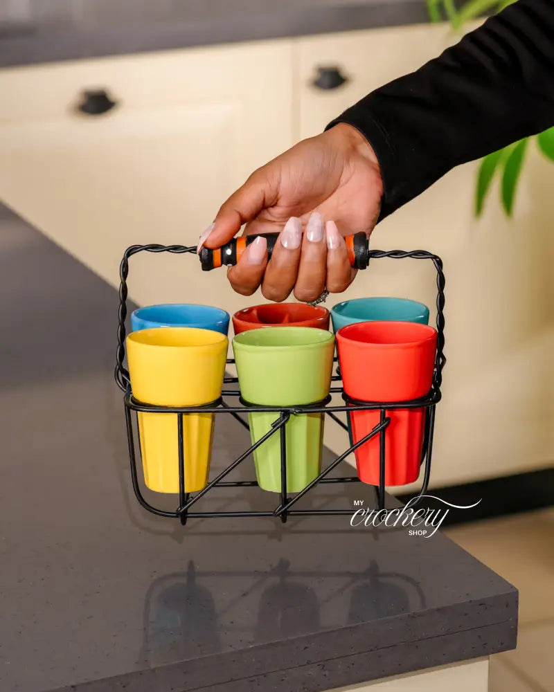My Crockery Shop Heritage Mitti Rang Ceramic Chai Glass Set with Wooden Holder – 7-Piece Set - Colorful cutting chai