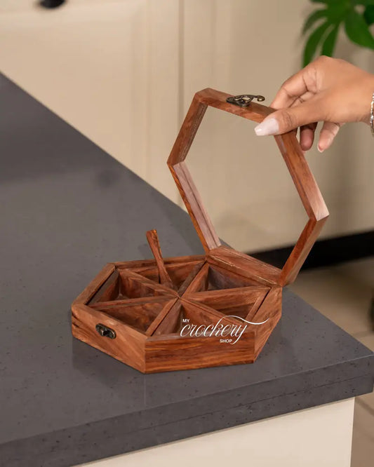 My Crockery Shop HexaCraft Sheesham Wooden Spice Box with Glass Lid & Spoon – 6 Detachable Containers for Masala & Dry