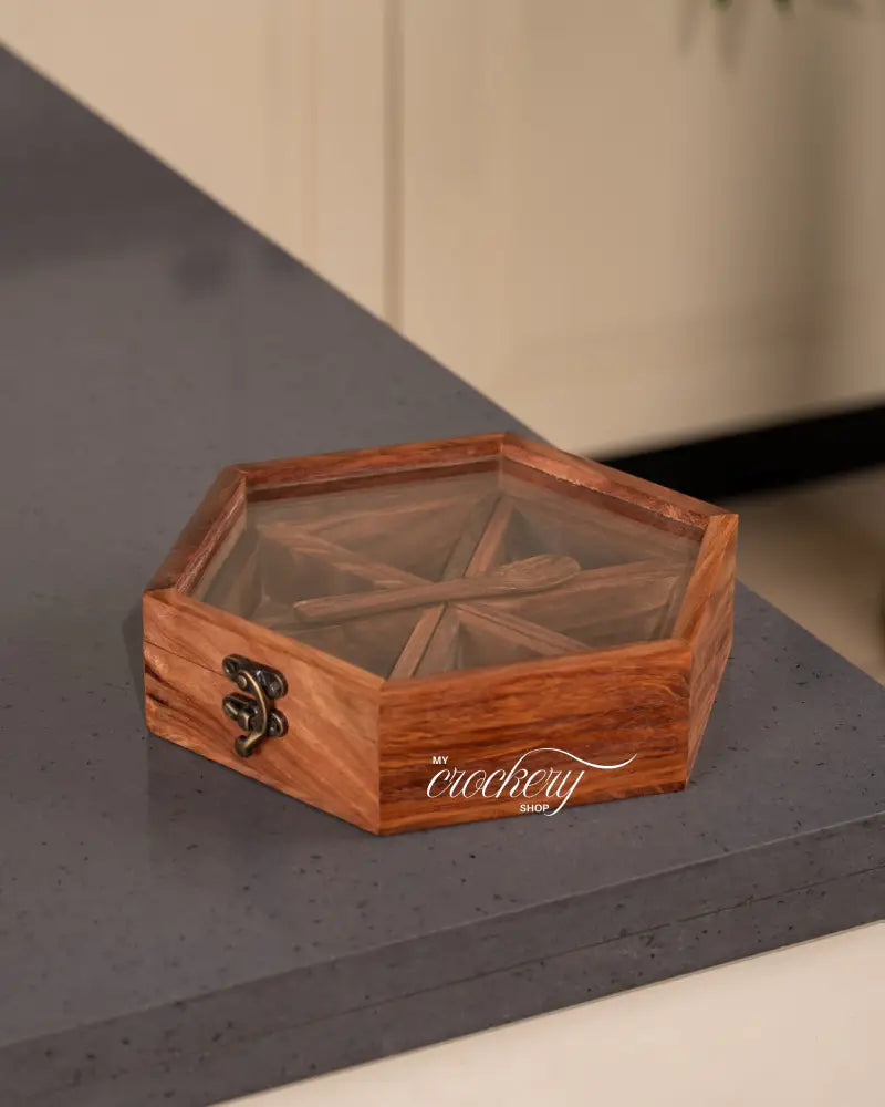 My Crockery Shop HexaCraft Sheesham Wooden Spice Box with Glass Lid & Spoon – 6 Detachable Containers for Masala & Dry