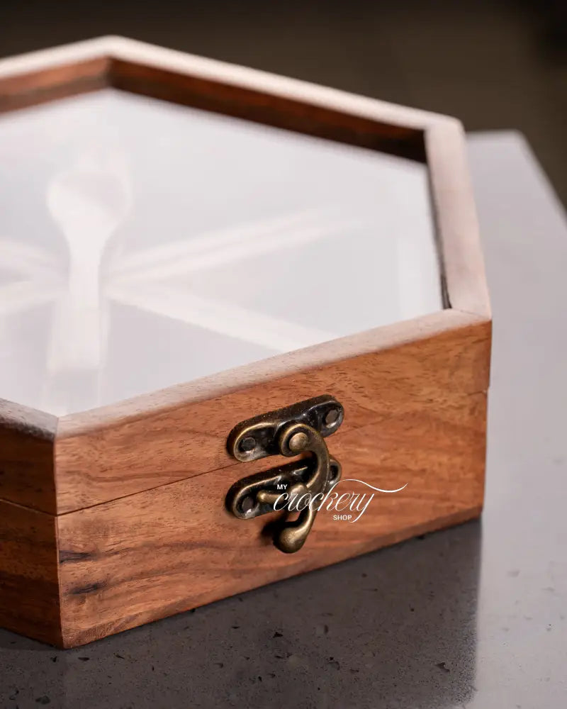 My Crockery Shop HexaCraft Sheesham Wooden Spice Box with Glass Lid & Spoon – 6 Detachable Containers for Masala & Dry