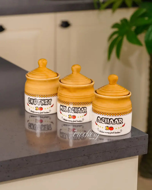My Crockery Shop Traditional Ceramic Crockery Pickle Jar Set – 300ml x 3 - Kitchen Storage